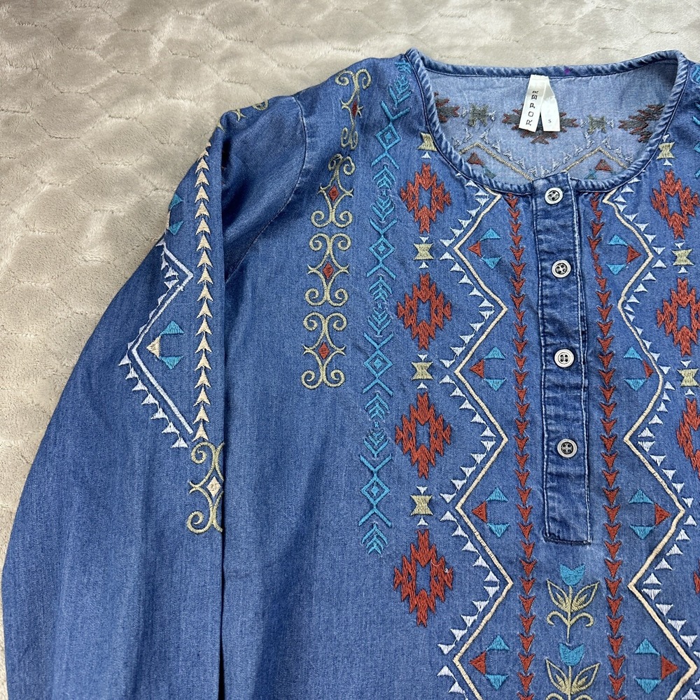 Roper Embroidered Denim Chambray Shirt Dress Western Cowgirl Size Sz S See Pics - Picture 3 of 13